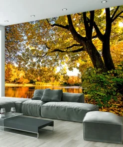 Tranh Dán Tường Phong Cảnh Mùa Thu Lá Vàng