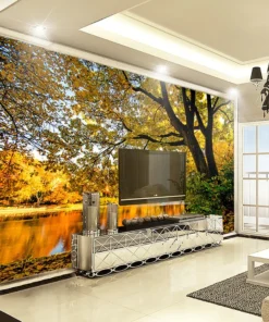Tranh Dán Tường Phong Cảnh Mùa Thu Lá Vàng