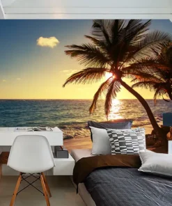 Tranh Dán Tường Phong Cảnh Bãi Biển, Hoàng Hôn Và Cây Dừa
