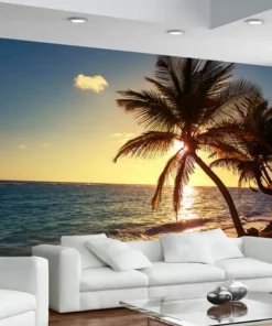 Tranh Dán Tường Phong Cảnh Bãi Biển, Hoàng Hôn Và Cây Dừa