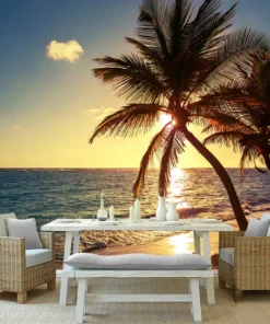 Tranh Dán Tường Phong Cảnh Bãi Biển, Hoàng Hôn Và Cây Dừa
