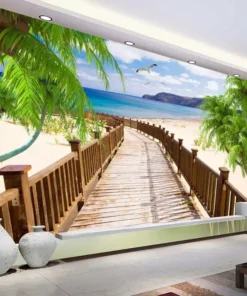 Tranh Dán Tường Khổ Lớn Hình Cầu Gỗ Nhìn Ra Bãi Biển