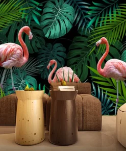 Tranh Dán Tường Hình Chim Hồng Hạc Giữa Những Tán Lá Nhiệt Đới