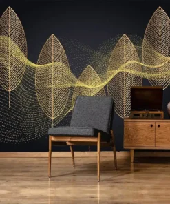 Tranh Dán Tường Tùy Chỉnh Họa Tiết Lá Vàng Và Đường Nét Trừu Tượng