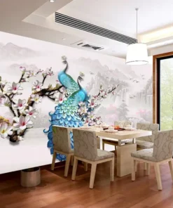 Tranh Dán Tường Phong Cách Châu Âu Hình Chim Công Xanh