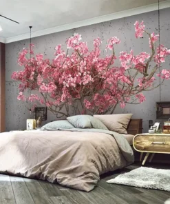 Tranh Dán Tường 3D Hình Cây Hoa Màu Hồng Trên Tường Bê Tông