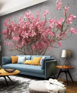 Tranh Dán Tường 3D Hình Cây Hoa Màu Hồng Trên Tường Bê Tông