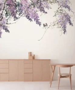 Tranh Dán Tường Tùy Chỉnh Mực Tàu Họa Tiết Hoa Tử Đằng Tím