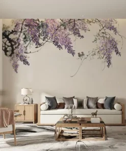 Tranh Dán Tường Tùy Chỉnh Mực Tàu Họa Tiết Hoa Tử Đằng Tím